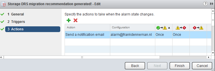 Storage DRS new recommendation alarm email notification configuration