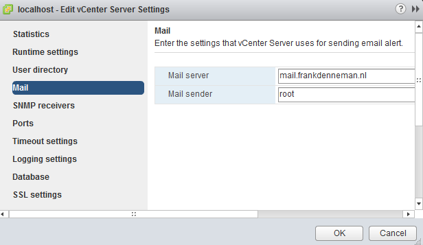 Configure a mail server in vCenter general settings