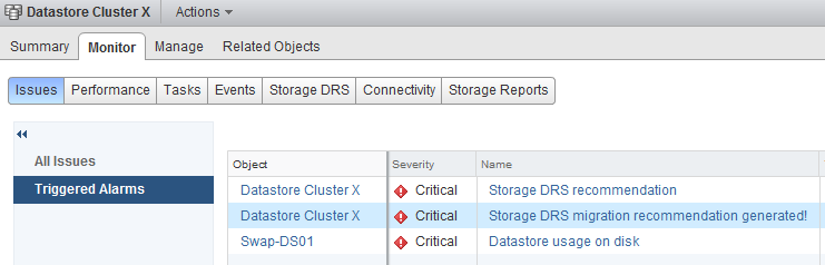 vCenter shows the following triggered alerts on the Storage DRS datastore cluster