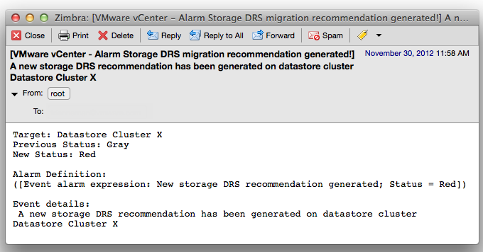 email message generated by vCenter Storage DRS new recommendation alarm